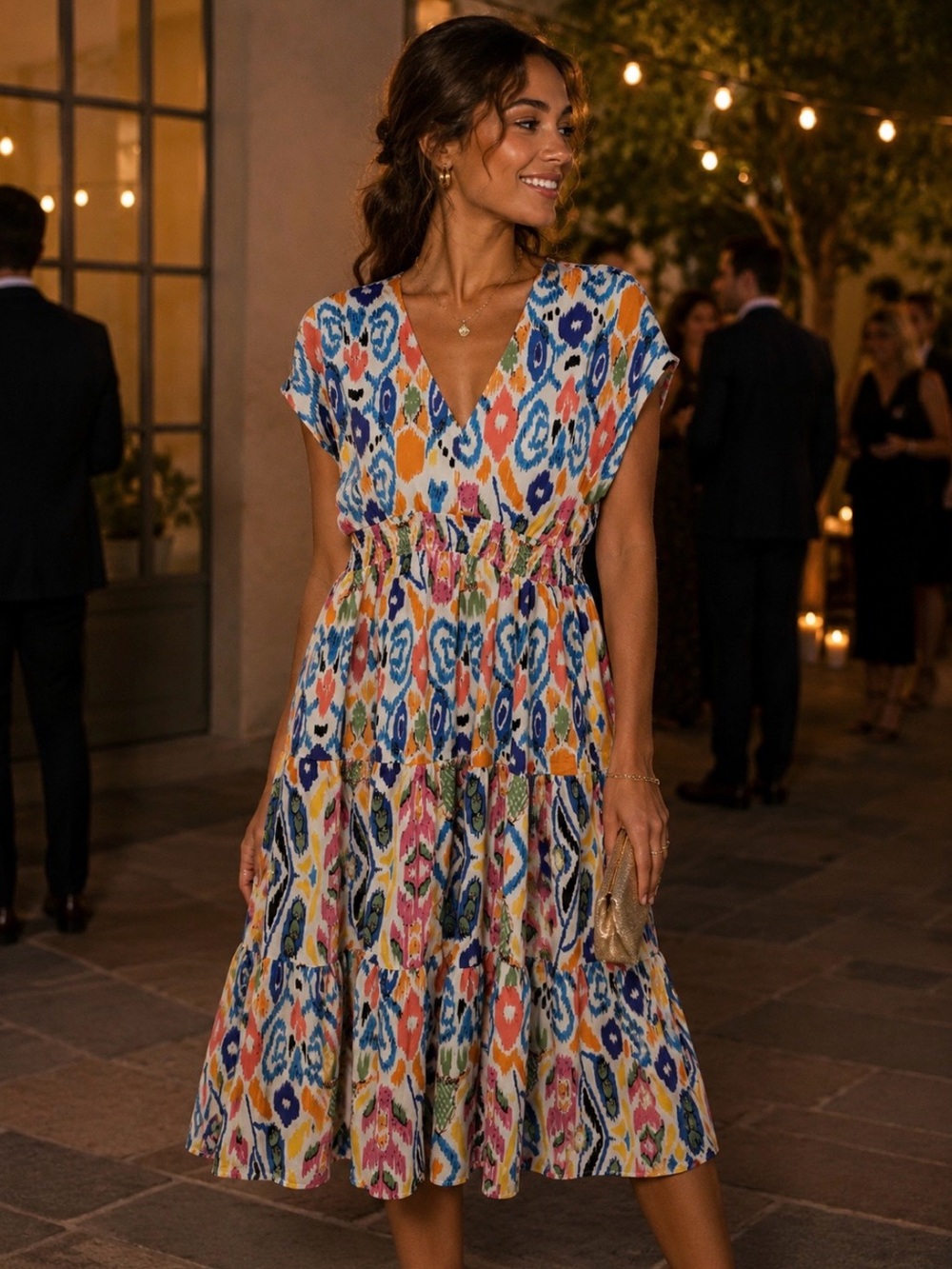 Umgee USA Multi Color Ikat Print V-Neck Smocked Waist Tiered Midi Dress Small‎